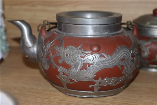 A Chinese Yixing and pewter mounted five piece tea set tallest 15cm